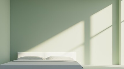 Modern bedroom with a minimalist design. the walls are painted in a light green color and there is a large window on the right side of the image that lets in natural light.
