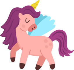 Vector unicorn icon. Magic creature clipart. Cute fairytale character. Woodland fantasy pink and purple animal with horn and wings. Forest fairy tale illustration isolated on white background