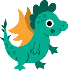 Vector green dragon icon. Magic creature clipart. Cute fairytale character. Woodland fantasy animal with orange wings. Forest fairy tale illustration isolated on white background