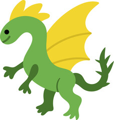 Vector green dragon icon. Magic creature clipart. Cute fairytale character. Woodland fantasy animal with yellow wings. Forest fairy tale illustration isolated on white background