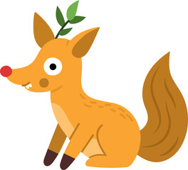 Vector fox icon. Magic creature clipart. Cute fairytale character. Woodland fantasy animal with twig on head. Forest fairy tale illustration isolated on white background