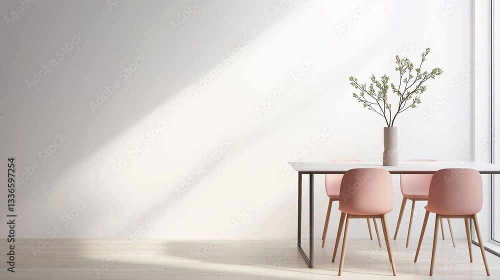 Poster modern dining room with a white table and four pink chairs. the table is rectangular in shape and ha