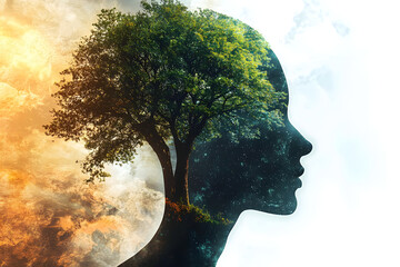 A unique artistic representation blending human and nature elements, showcasing a tree within a human silhouette, symbolizing harmony and growth.