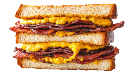 A stacked pastrami sandwich with mustard on rye bread 