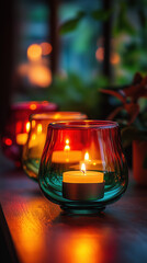 Collection of red, green, and yellow glass lanterns with glowing candles, creating warm festive Juneteenth atmosphere, symbolizing freedom, unity, and cultural celebration, evening soft light decor
