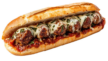 A meatball sub with marinara sauce and melted mozzarella cheese on a soft roll