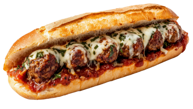A meatball sub with marinara sauce and melted mozzarella cheese on a soft roll