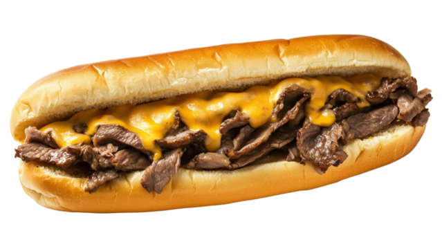 A Philly cheesesteak sandwich with thinly sliced beef and melted cheese on a hoagie roll