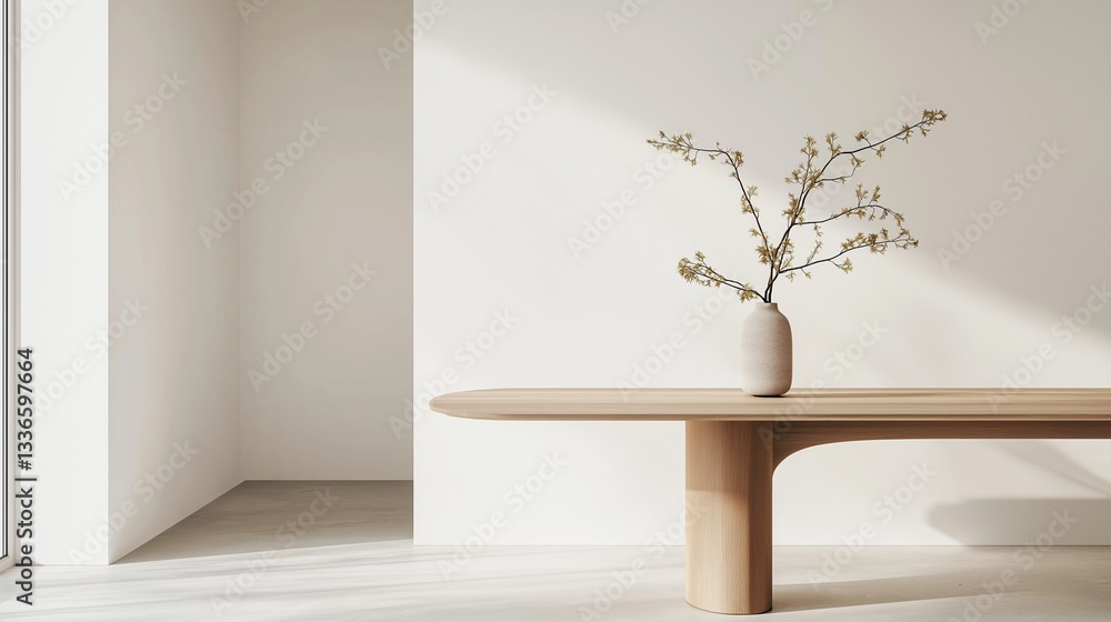 Poster modern and minimalist interior design of a room with a wooden table in the center. the table is made