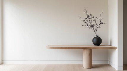 Corner of a room with a wooden floor and white walls. on the right side of the image, there is a wooden console table with a black vase on top. the vase has a bunch of dried branches in it.