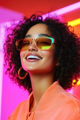 Vibrant Fashion Portrait of a Smiling Woman in Neon Lights with Sunglasses