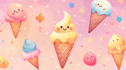 Colorful Cartoon Ice Cream Cones with Smiling Faces and Pastel Background