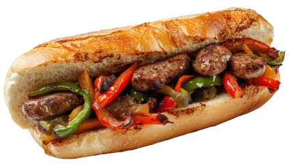 A sausage and pepper sandwich on a toasted sub roll