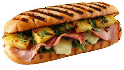 A Hawaiian sandwich with grilled pineapple, ham, and Swiss cheese