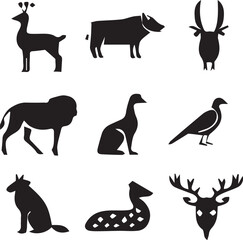 Wildlife animals vector set in natural habitat lion, tiger, elephant, zebra, giraffe, deer, bear, wolf, fox, monkey, leopard, eagle, owl, rhino, nature, safari, jungle, forest, exotic vector design 