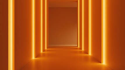 Empty room with a long, narrow corridor. the walls are painted in a bright orange color and the floor is made of concrete.