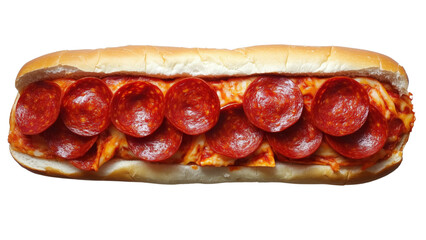 A pepperoni pizza-inspired sandwich on a sub roll 