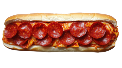 A pepperoni pizza-inspired sandwich on a sub roll 
