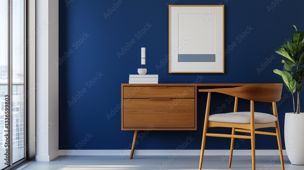 Poster corner of a room with a wooden desk and a chair. the walls are painted in a deep blue color and ther