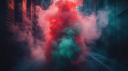 Fototapeta premium Vibrant red and green smoke cloud billowing in dark urban alley at night, symbolic street scene representing Juneteenth freedom celebration, dramatic atmospheric contrast and festival vibe
