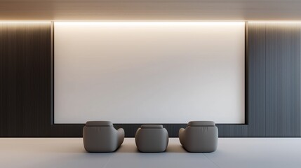 Fototapeta premium Modern and minimalist interior design of a room with a large white screen on the wall. the screen is blank and is positioned in the center of the room.