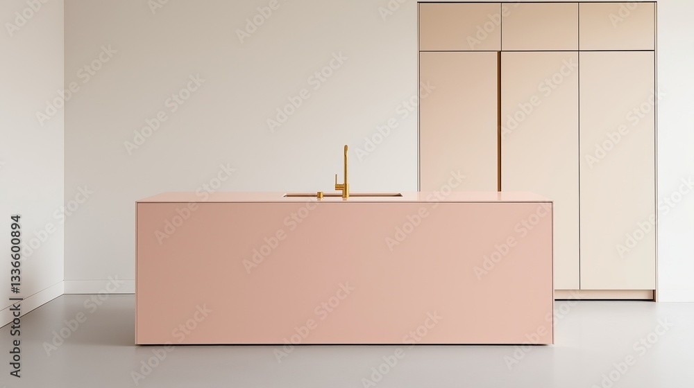 Poster modern kitchen with a pink countertop and a gold faucet. the countertop is rectangular in shape and 