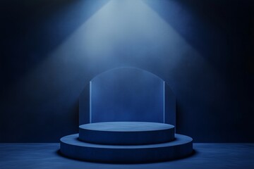 Winning podium for product, dim lighting, bluish tones