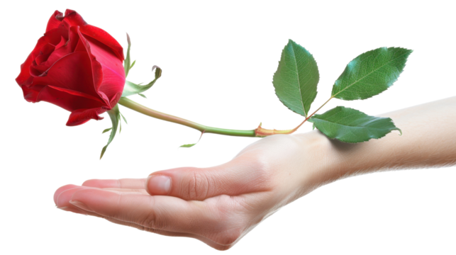 Hand holding a red rose with transparent background