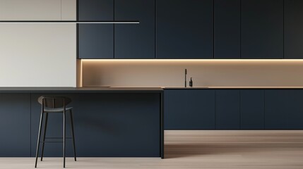 Modern kitchen with dark blue cabinets and a white countertop. the cabinets are arranged in a vertical line, with the backsplash on the left side and the countertop on the right side.