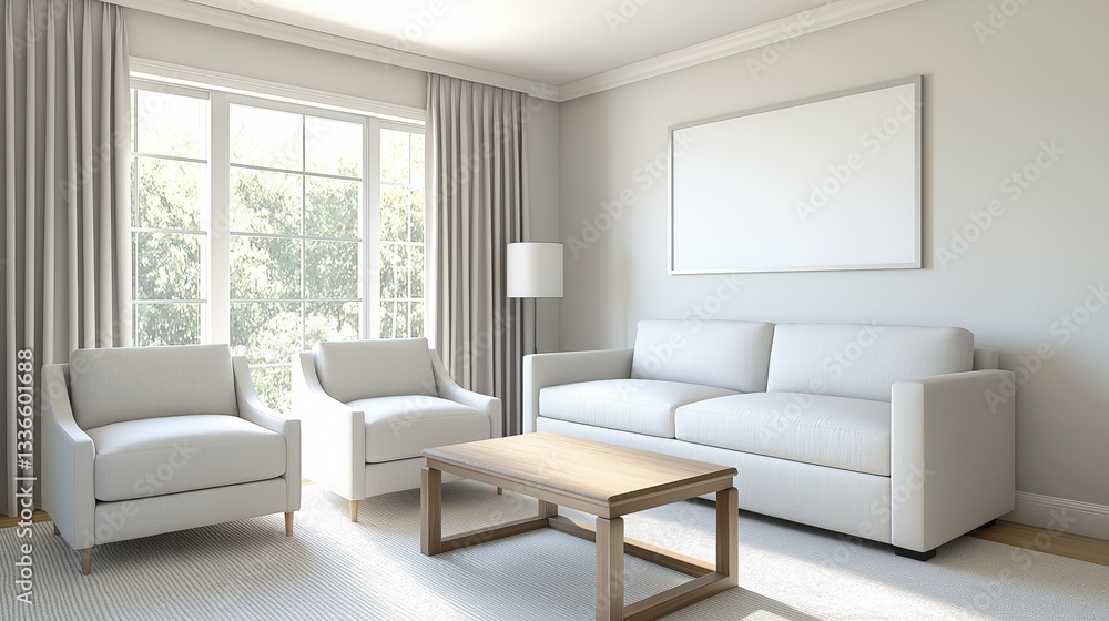 Poster modern living room with a large window on the left side. the window has gray curtains and offers a v