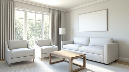 Modern living room with a large window on the left side. the window has gray curtains and offers a view of trees outside.