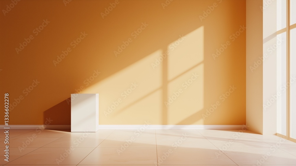 Poster empty room with a large window on the right side. the walls are painted in a warm orange color and t