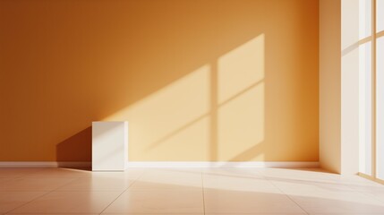 Empty room with a large window on the right side. the walls are painted in a warm orange color and the floor is made of light-colored tiles.