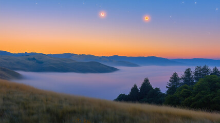 Fototapeta premium 霧に包まれた丘と朝焼けに輝く金星と木星、幻想的な夜明け