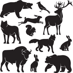 Wildlife animals vector set in natural habitat lion, tiger, elephant, zebra, giraffe, deer, bear, wolf, fox, monkey, leopard, eagle, owl, rhino, nature, safari, jungle, forest, exotic vector design 