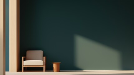 Corner of a room with a dark green wall and a wooden floor. on the left side of the image, there is a beige armchair with a wooden frame and armrests.