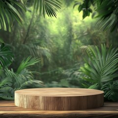 Wooden podium in tropical forest for product presentation and green background.