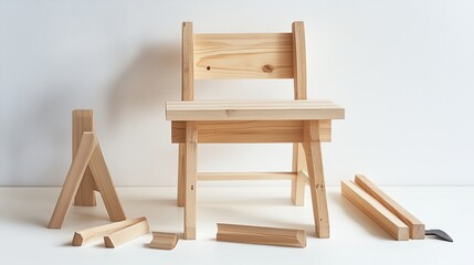 A DIY woodworking in visual form, showing simple wooden chair 