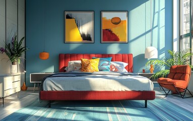 Contemporary artistâ???s loft bedroom with a creative aesthetic, bold colors, and a modern, stylish bed