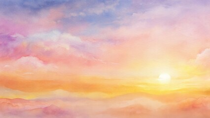 Obraz premium Pastel sunset watercolor background with soft splashes of pink, orange, and yellow. A serene blend of colors evokes the tranquil beauty of a sunrise over the horizon.
