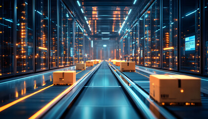 Centro logístico moderno, con gráficos futuristas, robots autónomos, cintas transportadoras y pantallas holográficas en operación.Eficiencia del futuro: la revolución tecnológica en la logística.