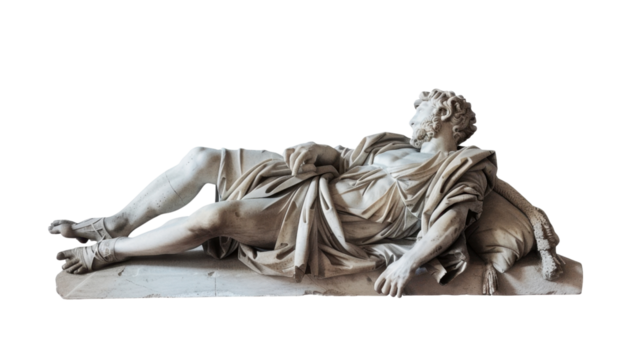 Ancient roman statue of a reclining bearded man with transparent background