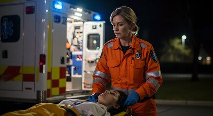 Woman paramedic transporting patient on stretcher at night. Emergency medical service. Ambulance crew providing urgent care to injured person.