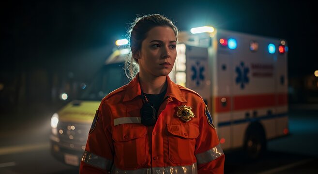 Woman paramedic in orange uniform standing in front of ambulance at night. Emergency medical services. First responder on duty ready for rescue mission.