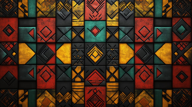 Juneteenth celebration abstract African geometric wallpaper with bold red, green, yellow tribal patterns, decorative wall mural, cultural ethnic background design
