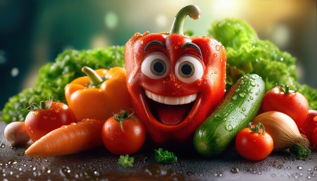 Lustige animierte Paprika mit Gesicht zwischen frischem Gem&uuml;se