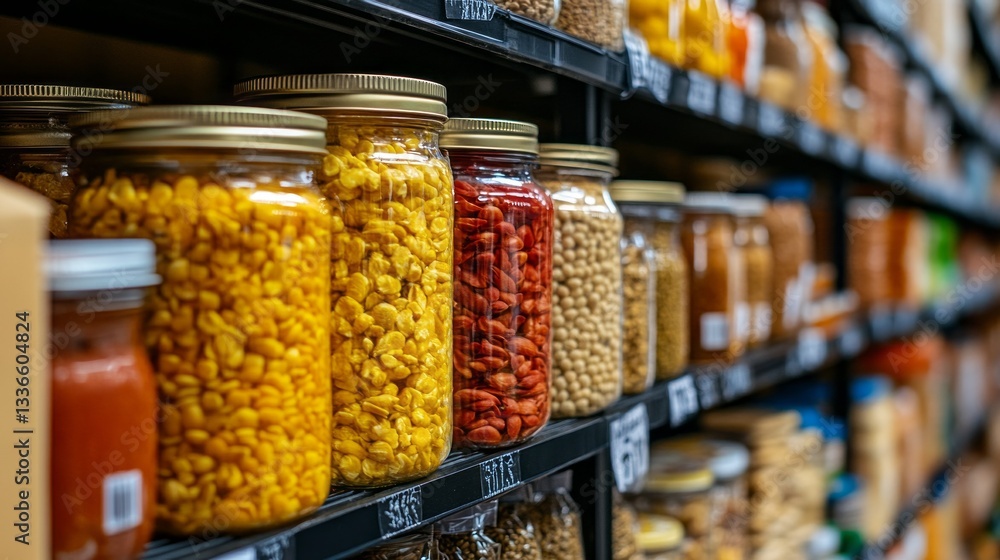 Poster vibrant jars filled with various non-perishable products create an organized display on shelves. the