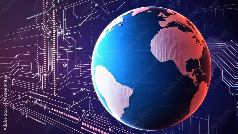 Poster global digital network. earth interconnected with complex circuitry