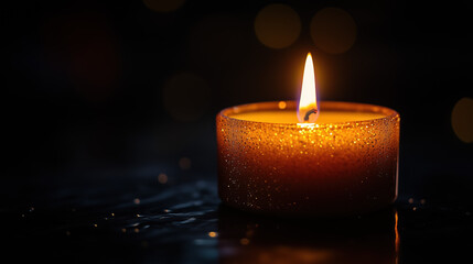 Juneteenth celebration concept with a single lit candle burning in the darkness, symbolizing freedom, hope, and remembrance, warm cozy light, black background, reflective surface, soft focus