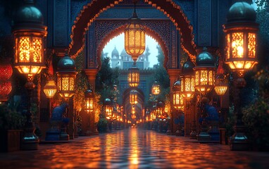 Obraz premium Illuminated Pathway with Lanterns Leading to Archway and Palace